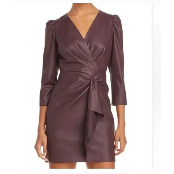 Rebecca Taylor Dress Faux Leather Mini Puff Sleeves Structured Cocktail  Party Women
